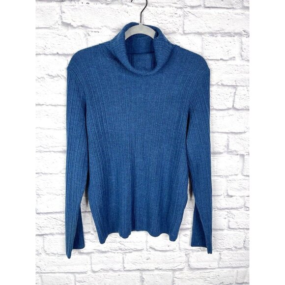 H HALSTON Women's Teal Ribbed Merino Wool Turtleneck Sweater Large - Picture 1 of 4